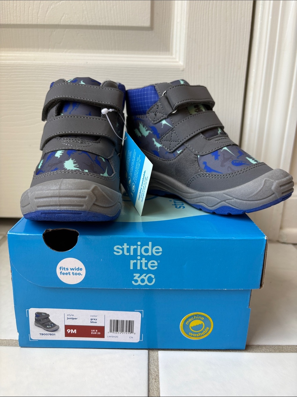 Stride Rite Gray & Blue Dino Print Hook-and-Loop Boots NWT